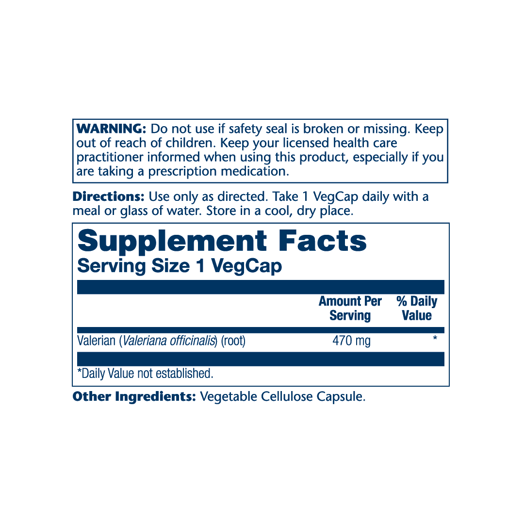 Solaray, True Herbs, Valerian, 470 mg, 100 VegCaps supplement facts label showing ingredients, vitamins, minerals, and serving information