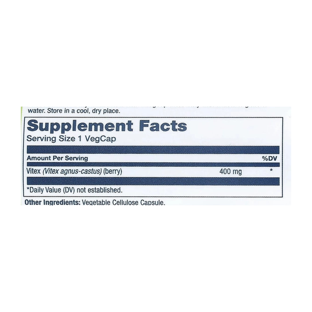 Solaray, True Herbs, Vitex, 400 mg, 100 VegCaps supplement facts label showing ingredients, vitamins, minerals, and serving information