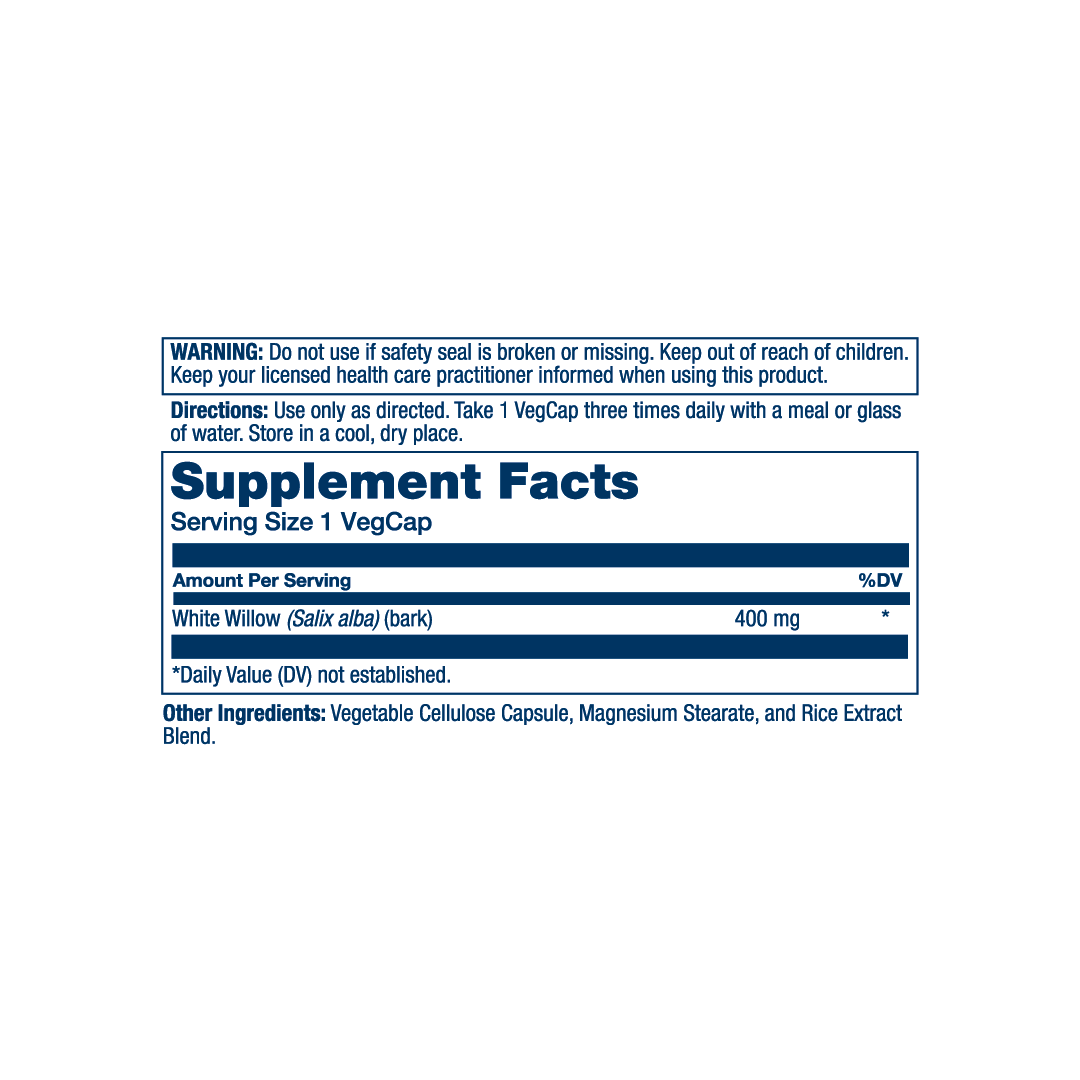 Solaray, True Herbs, White Willow, 400 mg, 100 VegCaps supplement facts label showing ingredients, vitamins, minerals, and serving information