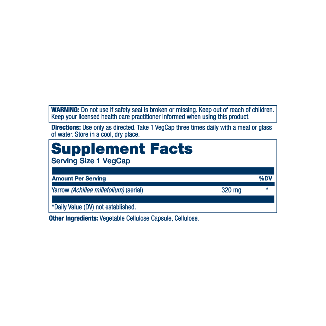 Solaray, True Herbs, Yarrow, 320 mg, 100 VegCaps supplement facts label showing ingredients, vitamins, minerals, and serving information