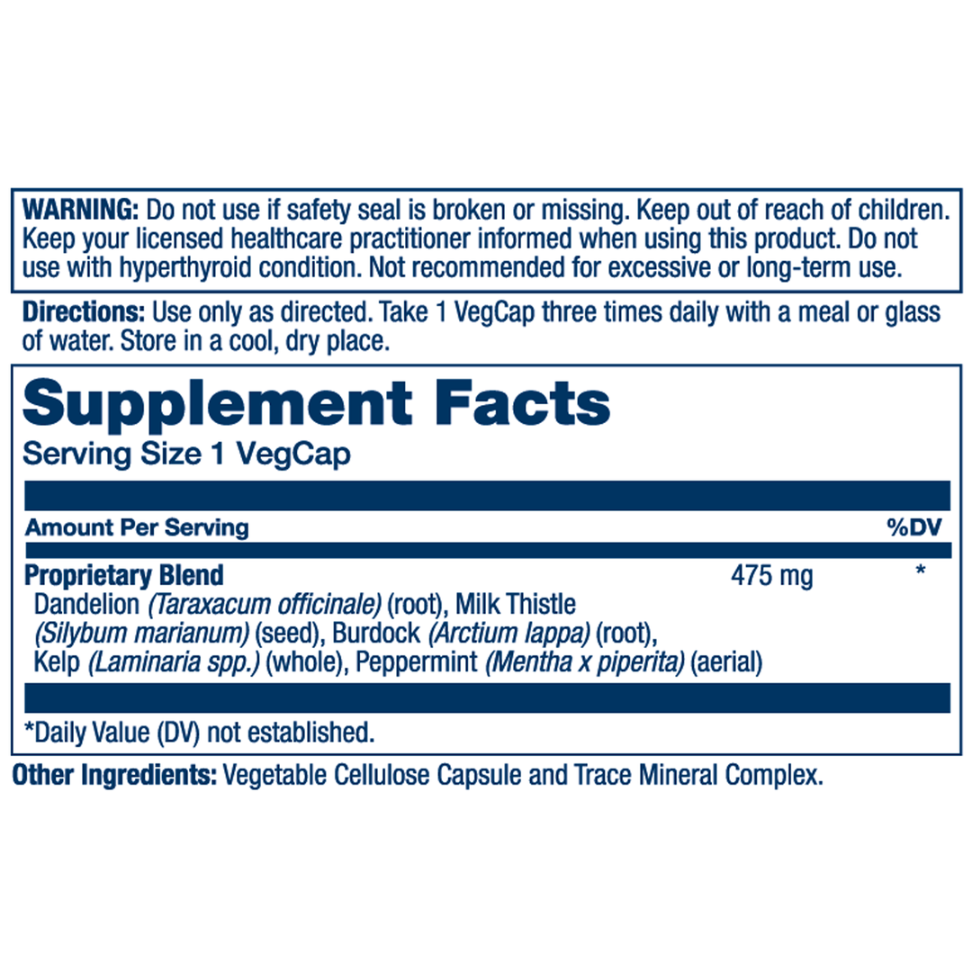 Solaray, Liver Blend SP-13™, 100 VegCaps supplement facts label showing ingredients, vitamins, minerals, and serving information