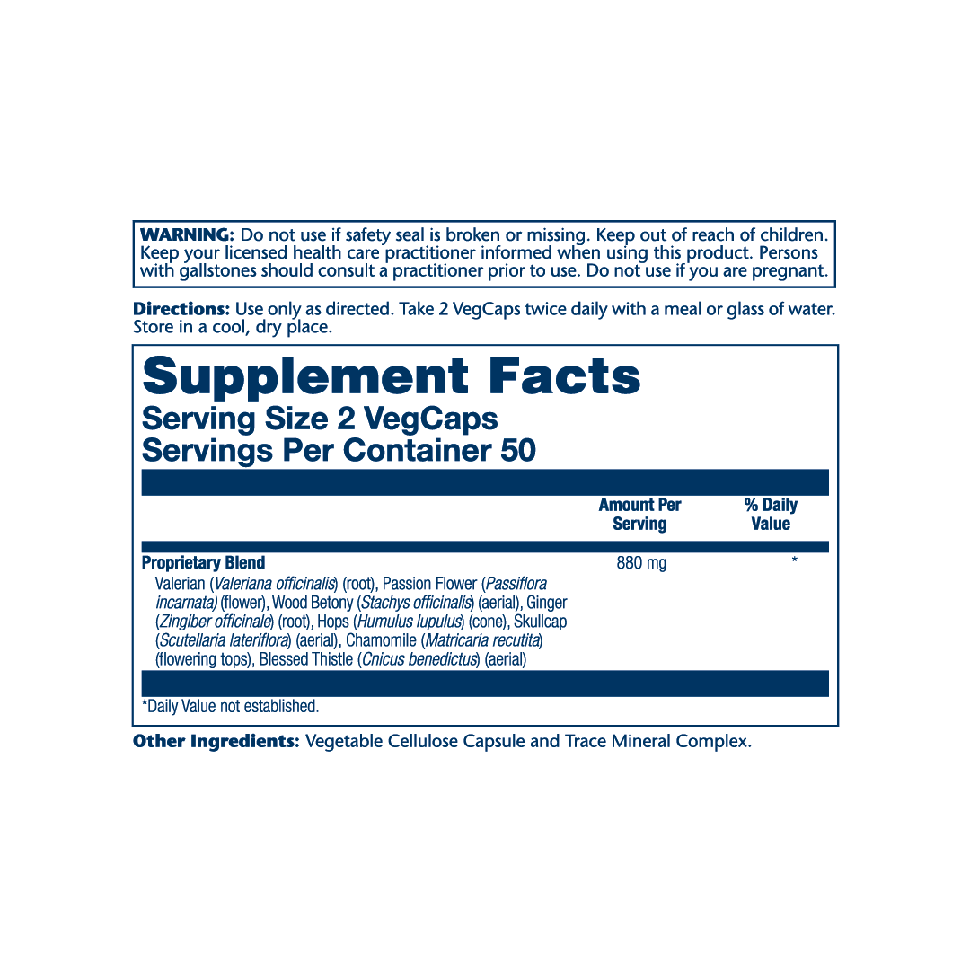 Solaray, Nerve Blend SP-14™, 100 VegCaps supplement facts label showing ingredients, vitamins, minerals, and serving information