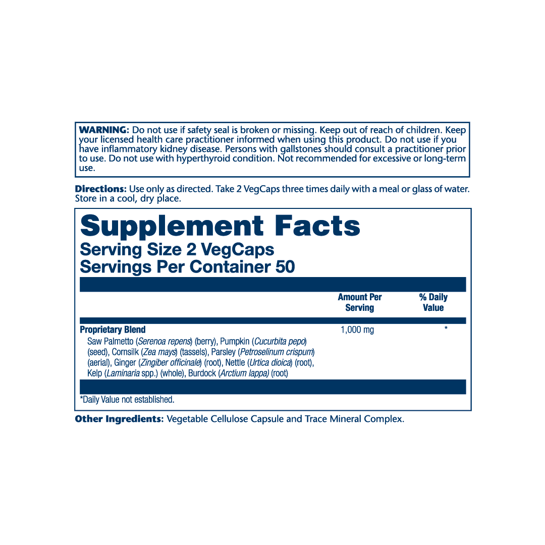 Solaray, Prostate Blend SP-16™, 100 VegCaps supplement facts label showing ingredients, vitamins, minerals, and serving information
