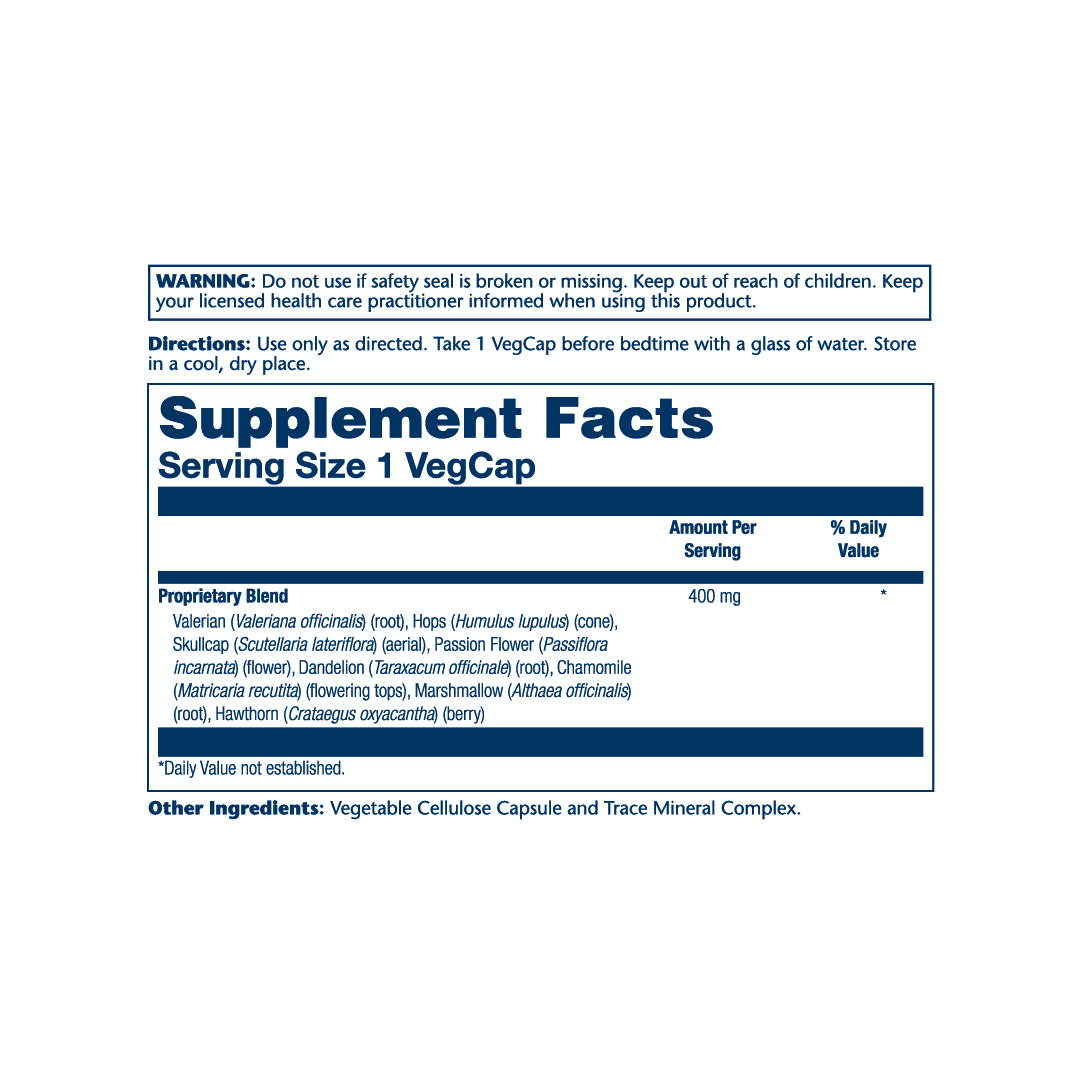 Solaray, Sleep™ Blend SP-17, 100 VegCaps supplement facts label showing ingredients, vitamins, minerals, and serving information