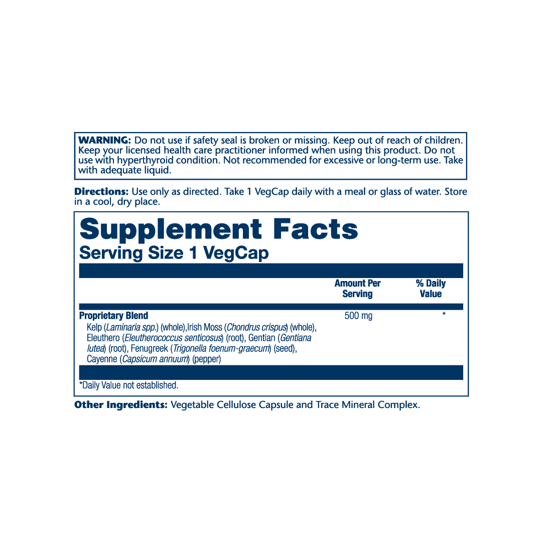 Solaray, Thyroid Blend SP-26™, 100 VegCaps supplement facts label showing ingredients, vitamins, minerals, and serving information