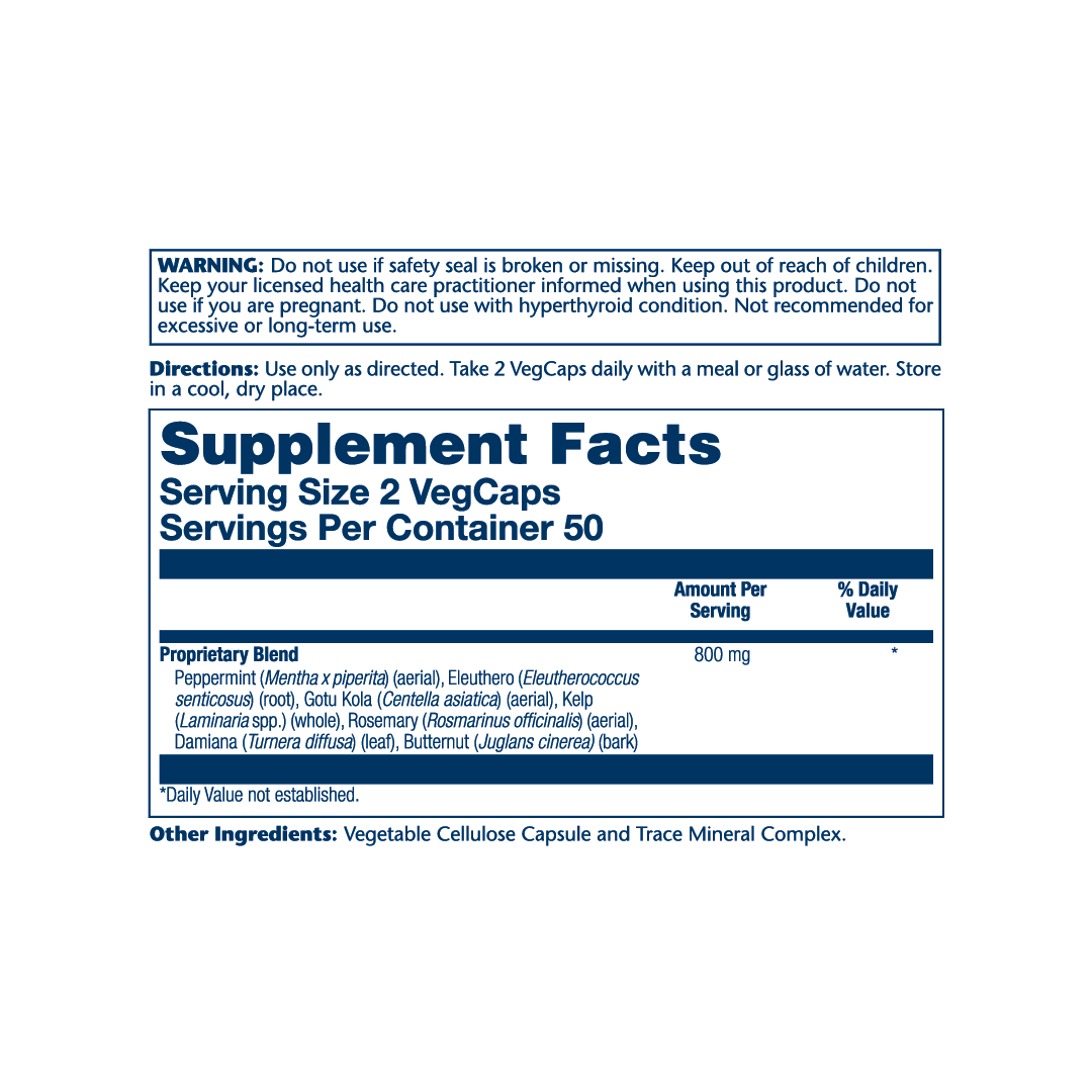 Solaray, Memory Blend SP-30™, 100 VegCaps supplement facts label showing ingredients, vitamins, minerals, and serving information