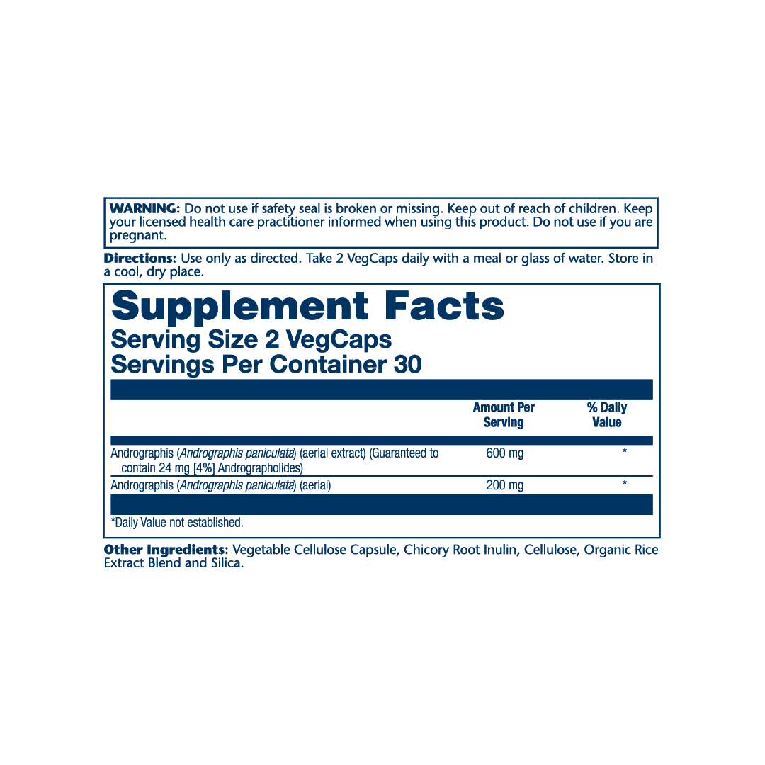 Solaray, Vital Extracts, Andrographis, 60 VegCaps supplement facts label showing ingredients, vitamins, minerals, and serving information