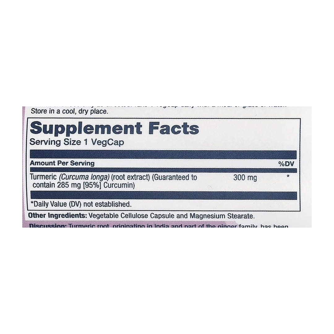 Solaray, Vital Extracts, Turmeric, 300 mg, 60 VegCaps supplement facts label showing ingredients, vitamins, minerals, and serving information