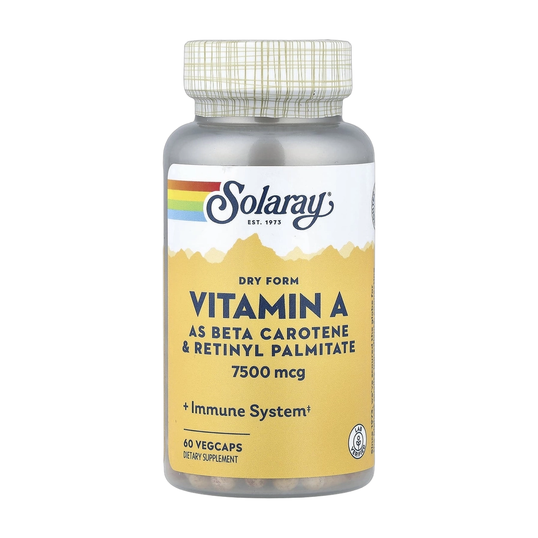 Solaray, Dry Form Vitamin A, 7,500 mcg, 60 VegCaps front packaging view