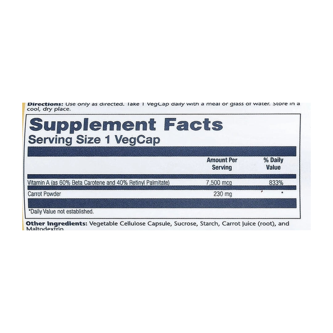 Solaray, Dry Form Vitamin A, 7,500 mcg, 60 VegCaps supplement facts label showing ingredients, vitamins, minerals, and serving information