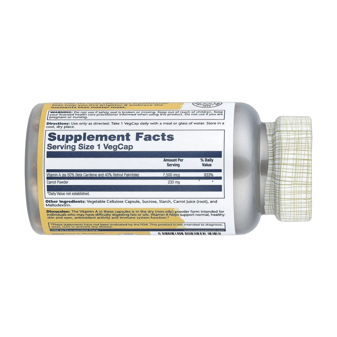 Solaray, Dry Form Vitamin A, 7,500 mcg, 60 VegCaps back packaging view