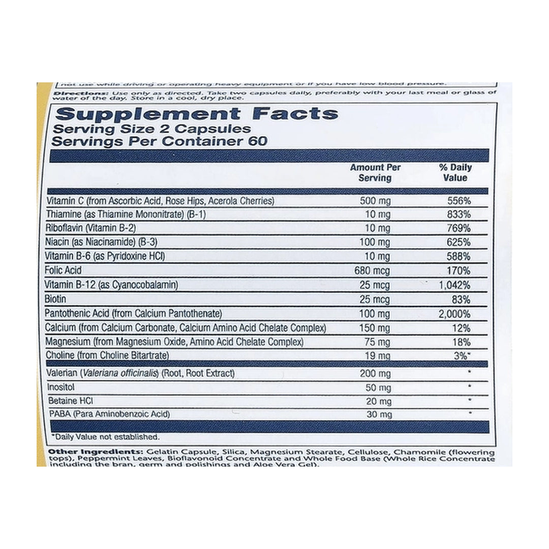 Solaray, Timed Release Vitamin B-Stress PM™, 120 Capsules supplement facts label showing ingredients, vitamins, minerals, and serving information
