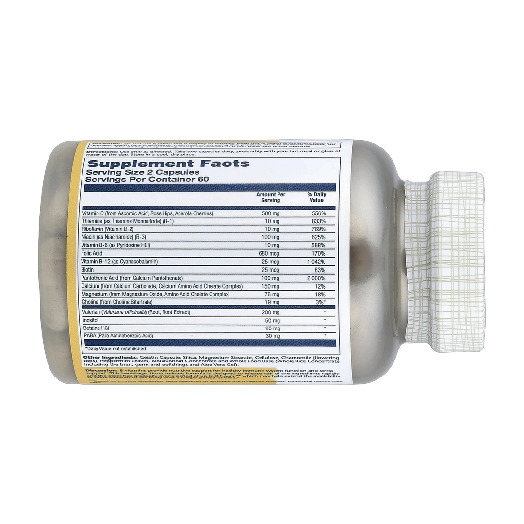 Solaray, Timed Release Vitamin B-Stress PM, 120 Capsules back packaging view