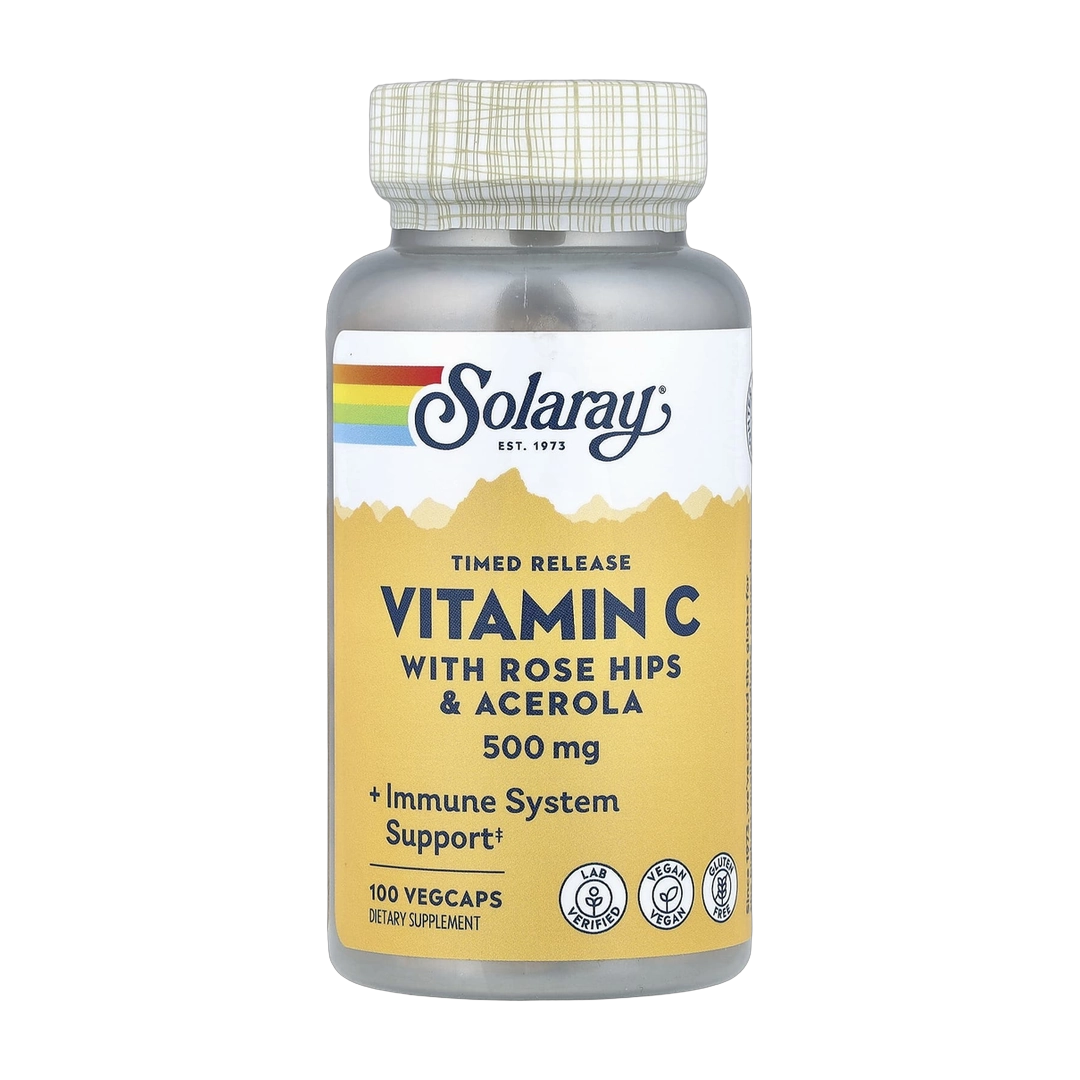 Solaray, Timed Release, Vitamin C With Rose Hips & Acerola, 500 mg, 100 VegCaps front packaging view