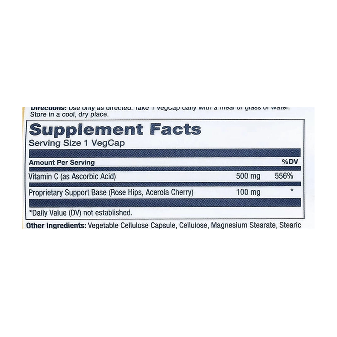 Solaray, Timed Release, Vitamin C With Rose Hips & Acerola, 500 mg, 100 VegCaps supplement facts label showing ingredients, vitamins, minerals, and serving information