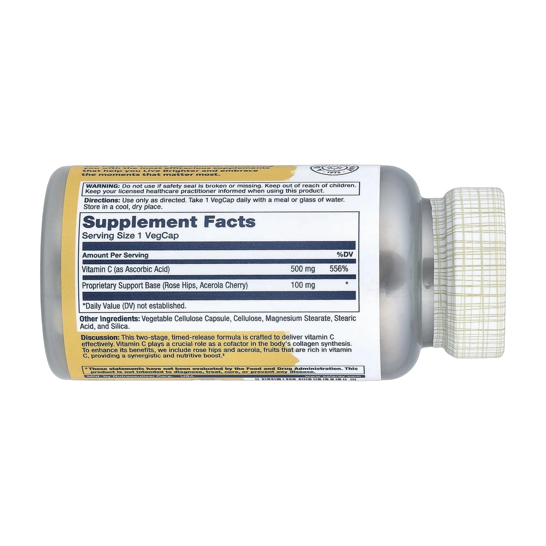 Solaray, Timed Release, Vitamin C With Rose Hips & Acerola, 500 mg, 100 VegCaps back packaging view