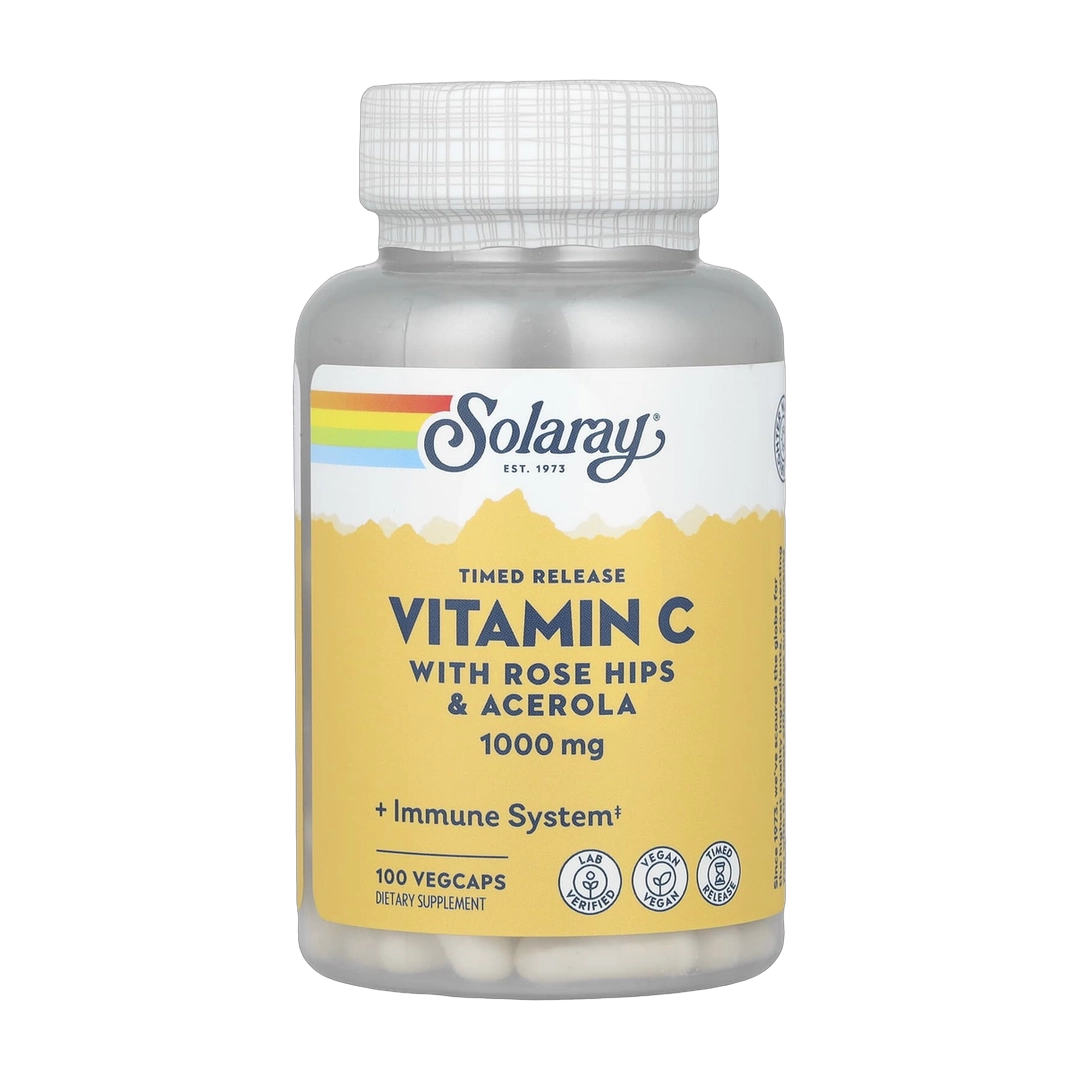 Solaray, Timed Release Vitamin C with Rose Hips & Acerola, 1,000 mg, 100 VegCaps front packaging view