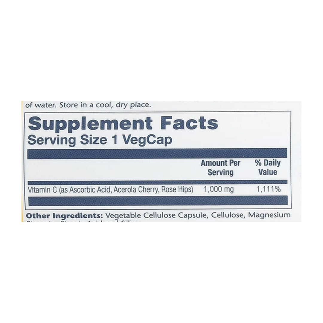 Solaray, Timed Release Vitamin C with Rose Hips & Acerola, 1,000 mg, 100 VegCaps supplement facts label showing ingredients, vitamins, minerals, and serving information
