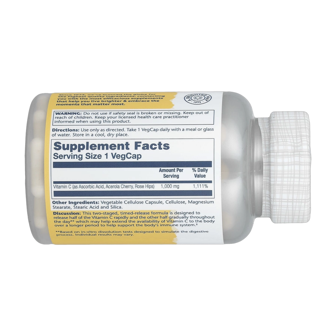 Solaray, Timed Release Vitamin C with Rose Hips & Acerola, 1,000 mg, 100 VegCaps back packaging view