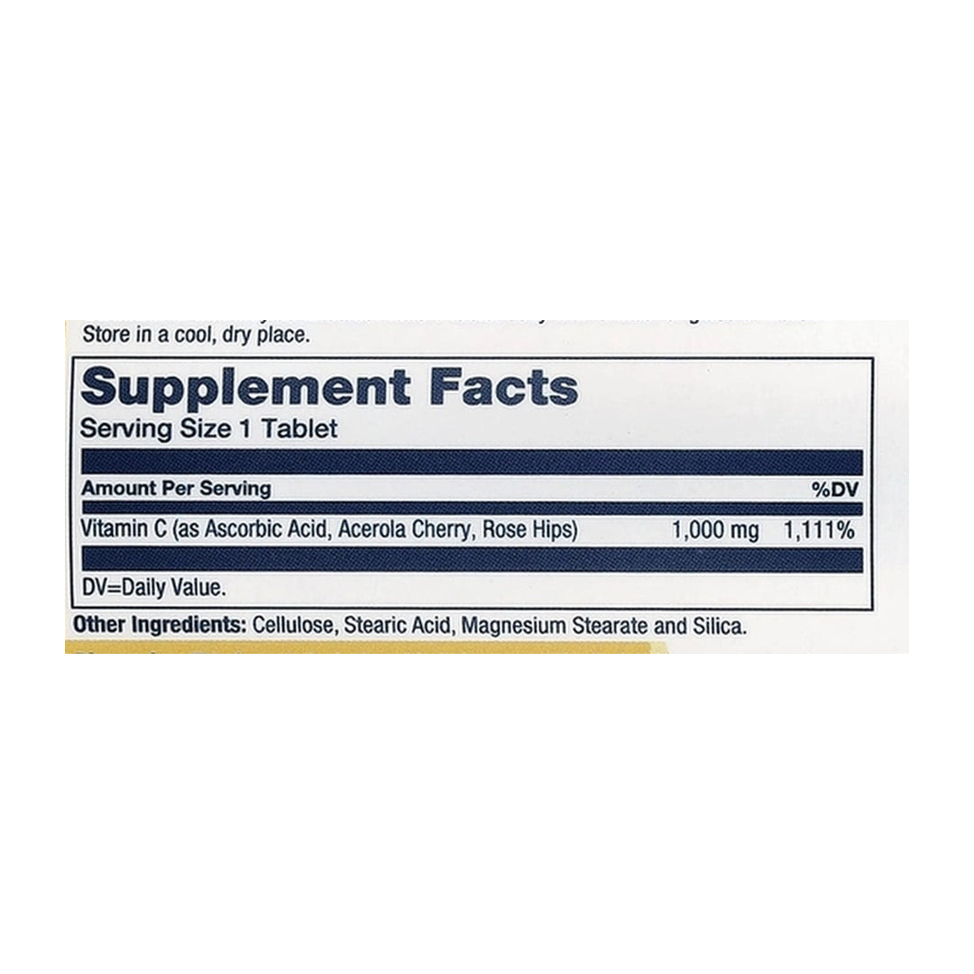 Solaray, Timed Release Vitamin C with Rose Hip & Acerola, 1,000 mg, 100 Tablets supplement facts label showing ingredients, vitamins, minerals, and serving information