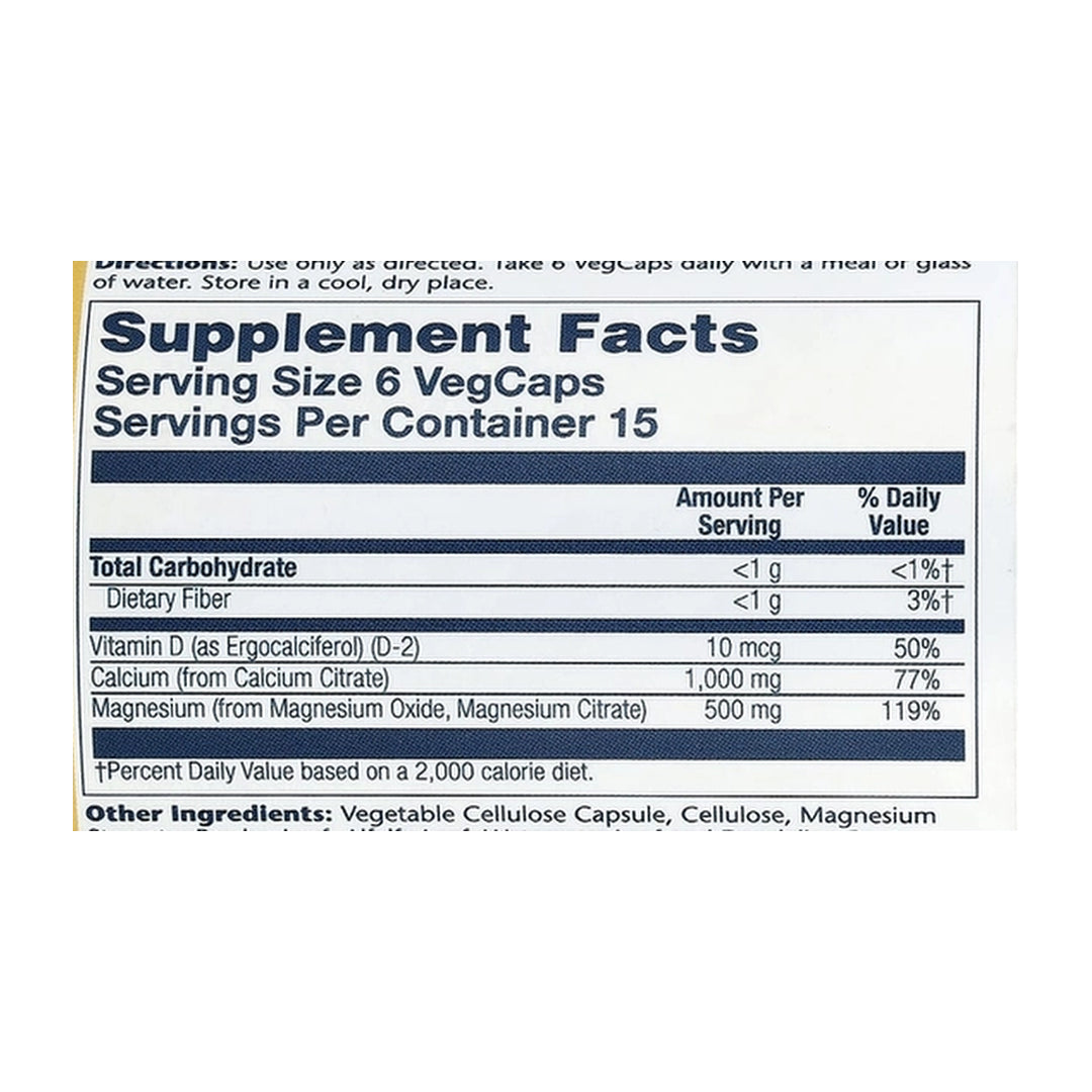 Solaray, Cal-Mag Citrate with Vitamin D-2, 90 VegCaps supplement facts label showing ingredients, vitamins, minerals, and serving information