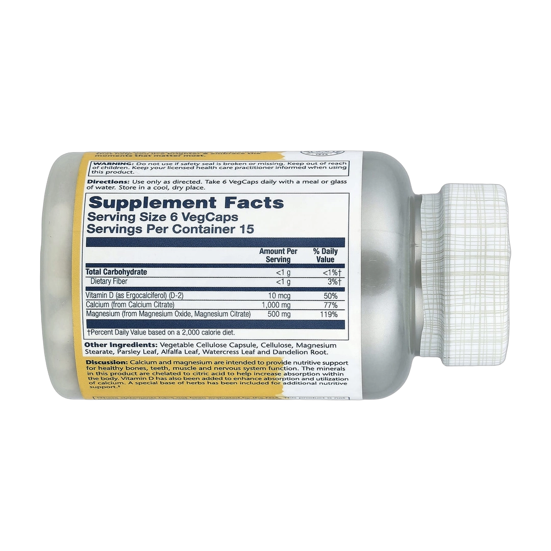 Solaray, Cal-Mag Citrate with Vitamin D-2, 90 VegCaps back packaging view