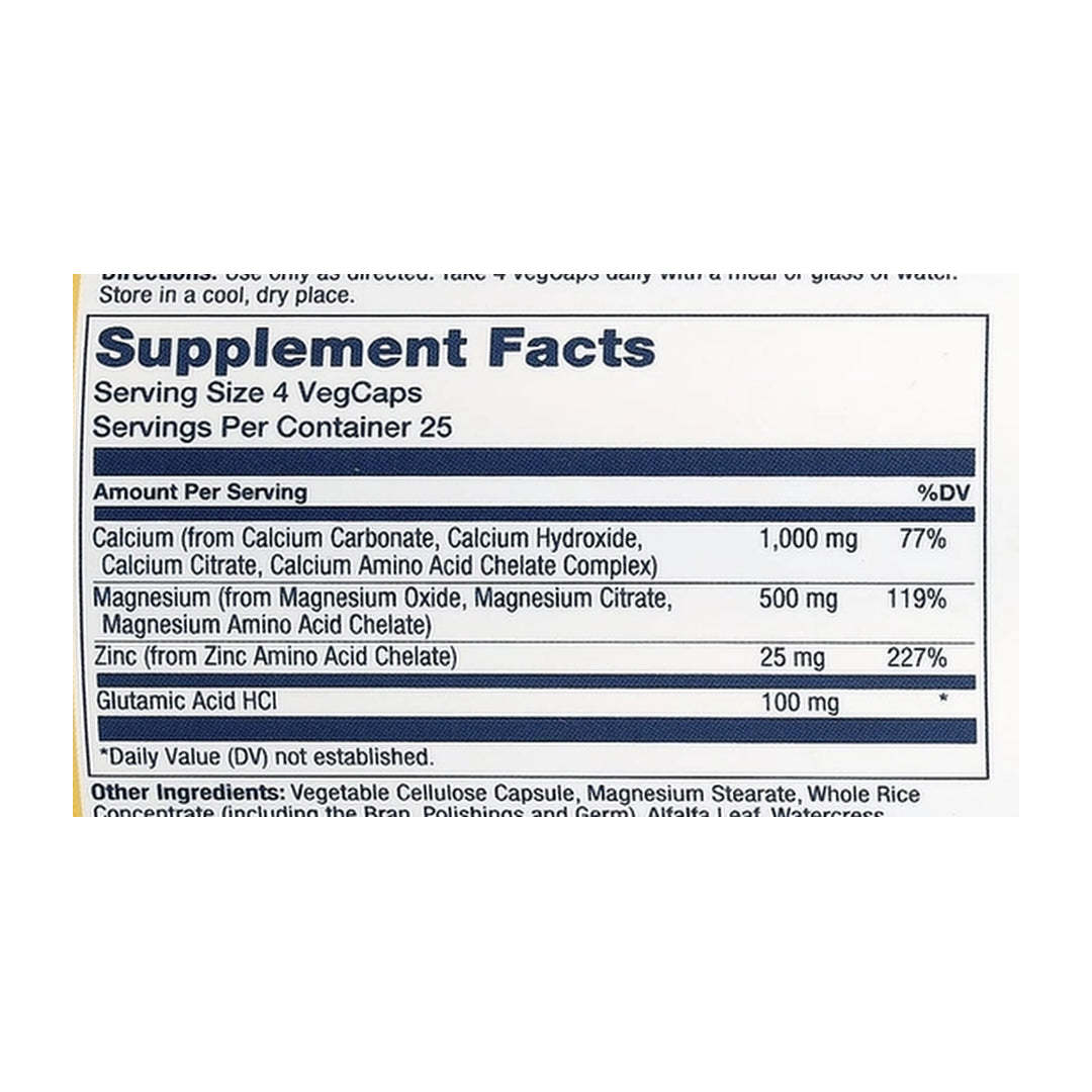 Solaray, Calcium Magnesium Zinc, 100 VegCaps supplement facts label showing ingredients, vitamins, minerals, and serving information