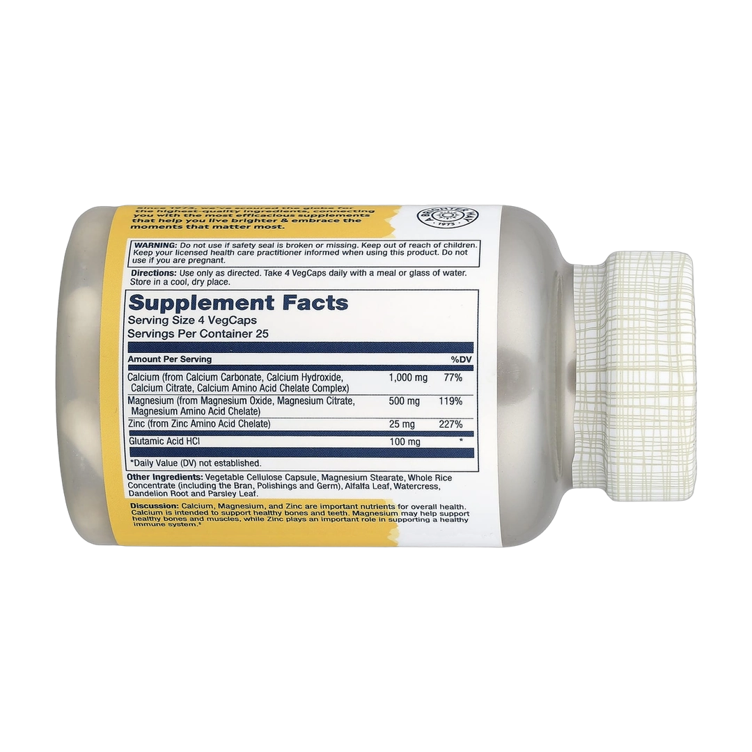 Solaray, Calcium Magnesium Zinc, 100 VegCaps back packaging view