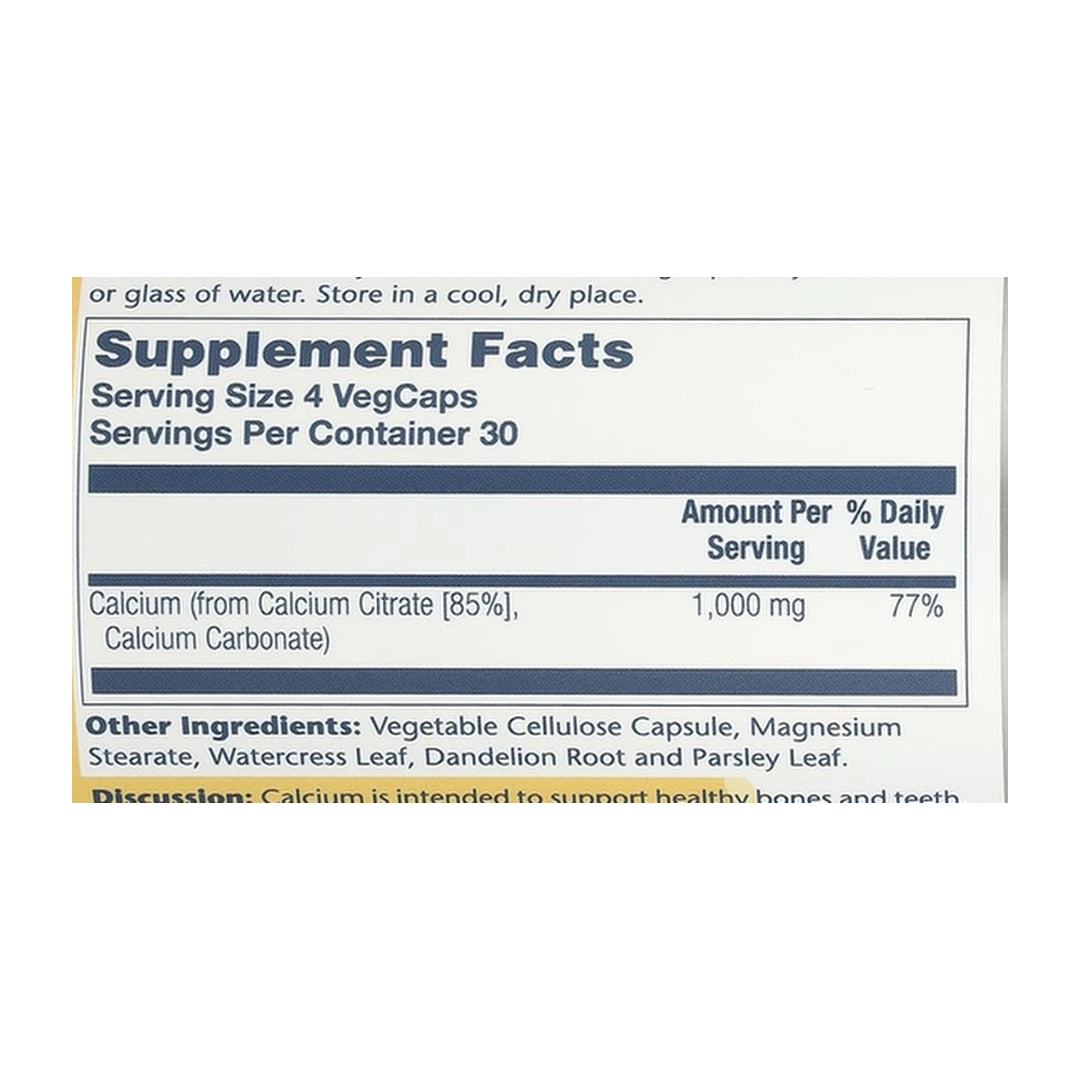 Solaray, Calcium Citrate, 120 VegCaps (250 mg per Capsule) supplement facts label showing ingredients, vitamins, minerals, and serving information