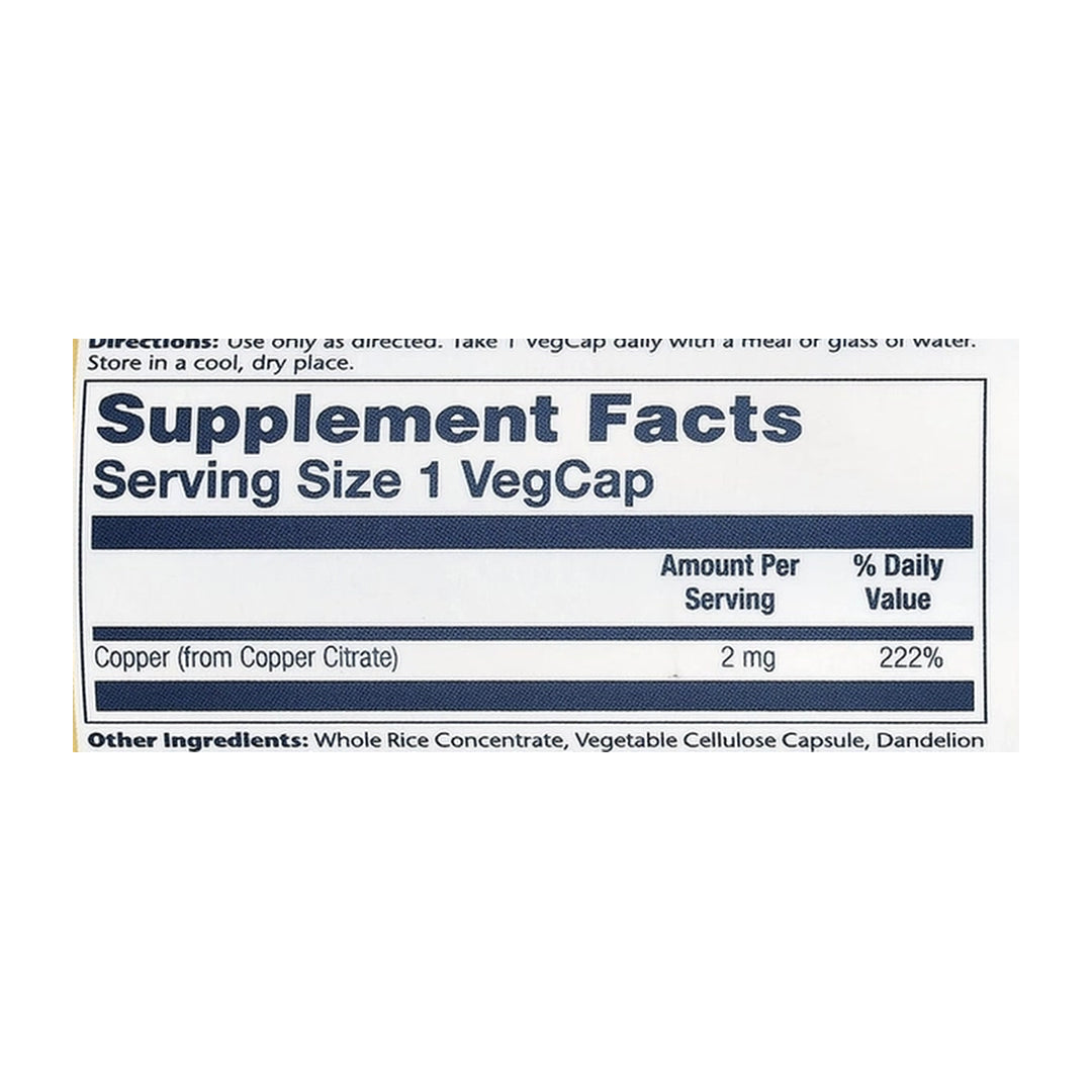 Solaray, Copper Citrate, 2 mg, 60 VegCaps supplement facts label showing ingredients, vitamins, minerals, and serving information