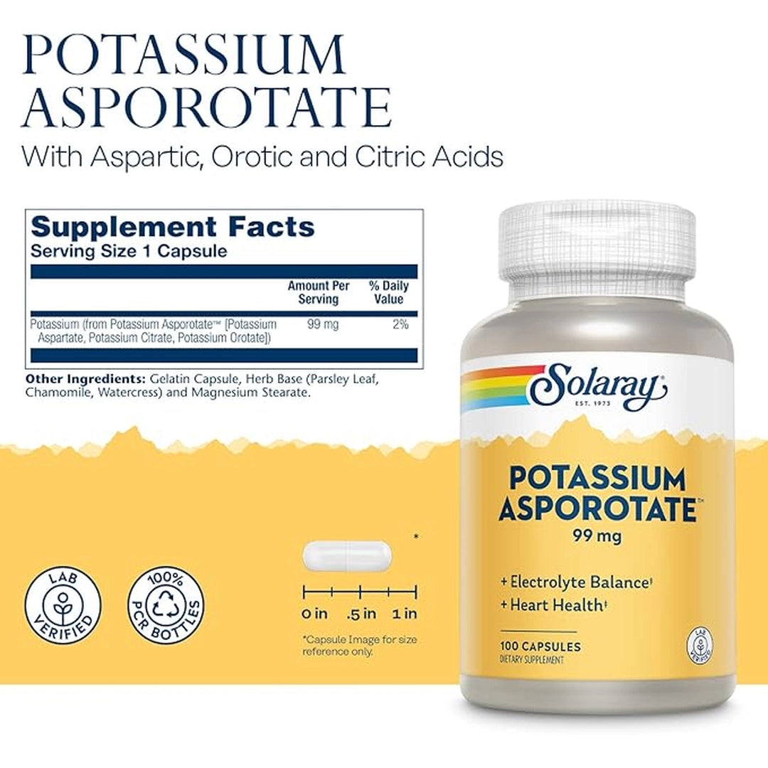 Solaray, Potassium Asporotate Chelated Supplement, 100 Capsules