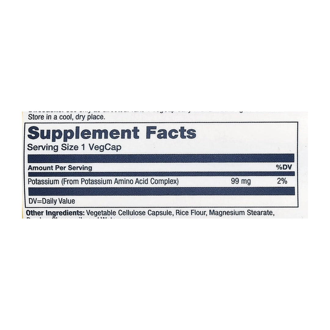 Solaray, Potassium, 99 mg, 100 VegCaps supplement facts label showing ingredients, vitamins, minerals, and serving information