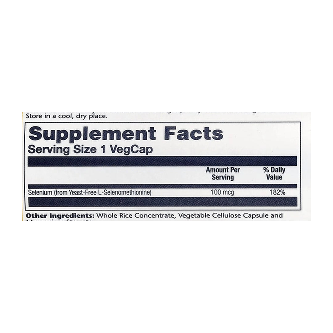 Solaray, Selenium, 100 mcg, 90 VegCaps supplement facts label showing ingredients, vitamins, minerals, and serving information