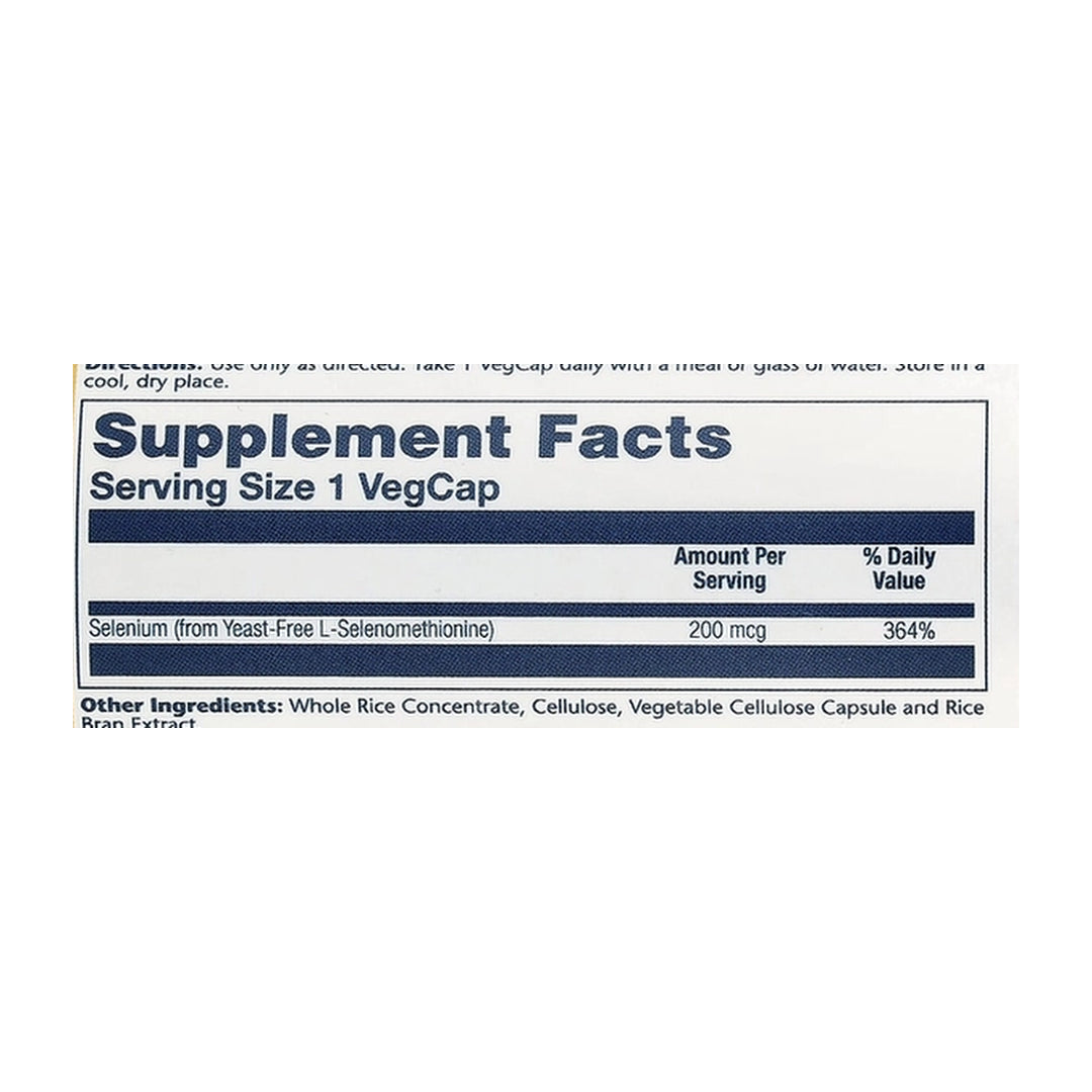 Solaray, Selenium, 200 mcg, 90 VegCaps supplement facts label showing ingredients, vitamins, minerals, and serving information