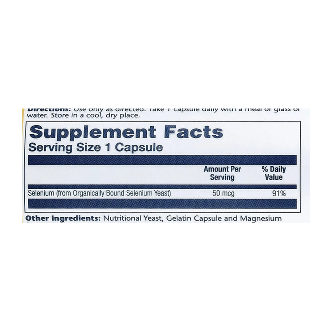 Solaray, Selenium, 50 mcg , 100 Capsules supplement facts label showing ingredients, vitamins, minerals, and serving information
