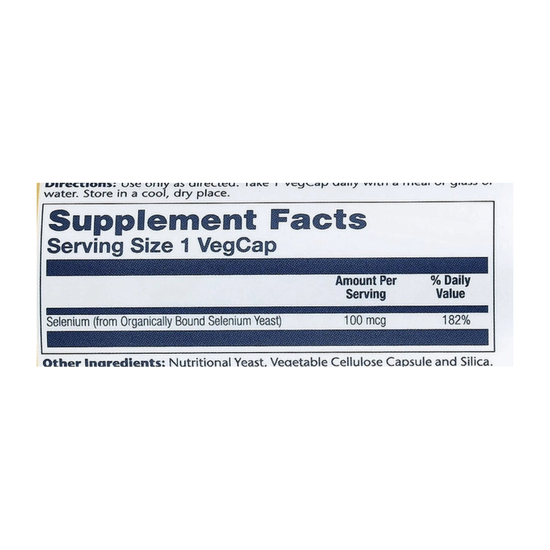Solaray, Selenium, 100 mcg , 100 VegCaps supplement facts label showing ingredients, vitamins, minerals, and serving information