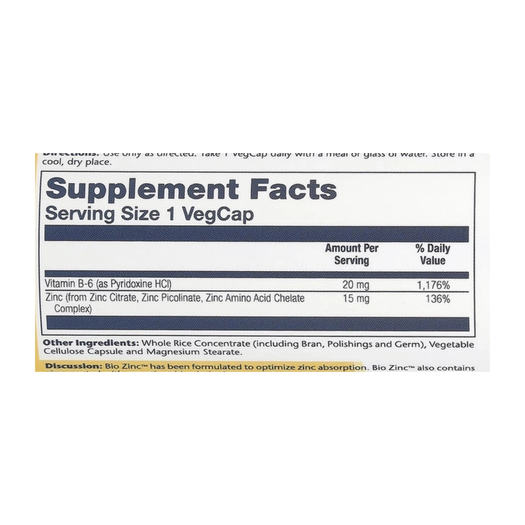 Solaray, Bio Zinc™, 15 mg, 100 VegCaps supplement facts label showing ingredients, vitamins, minerals, and serving information