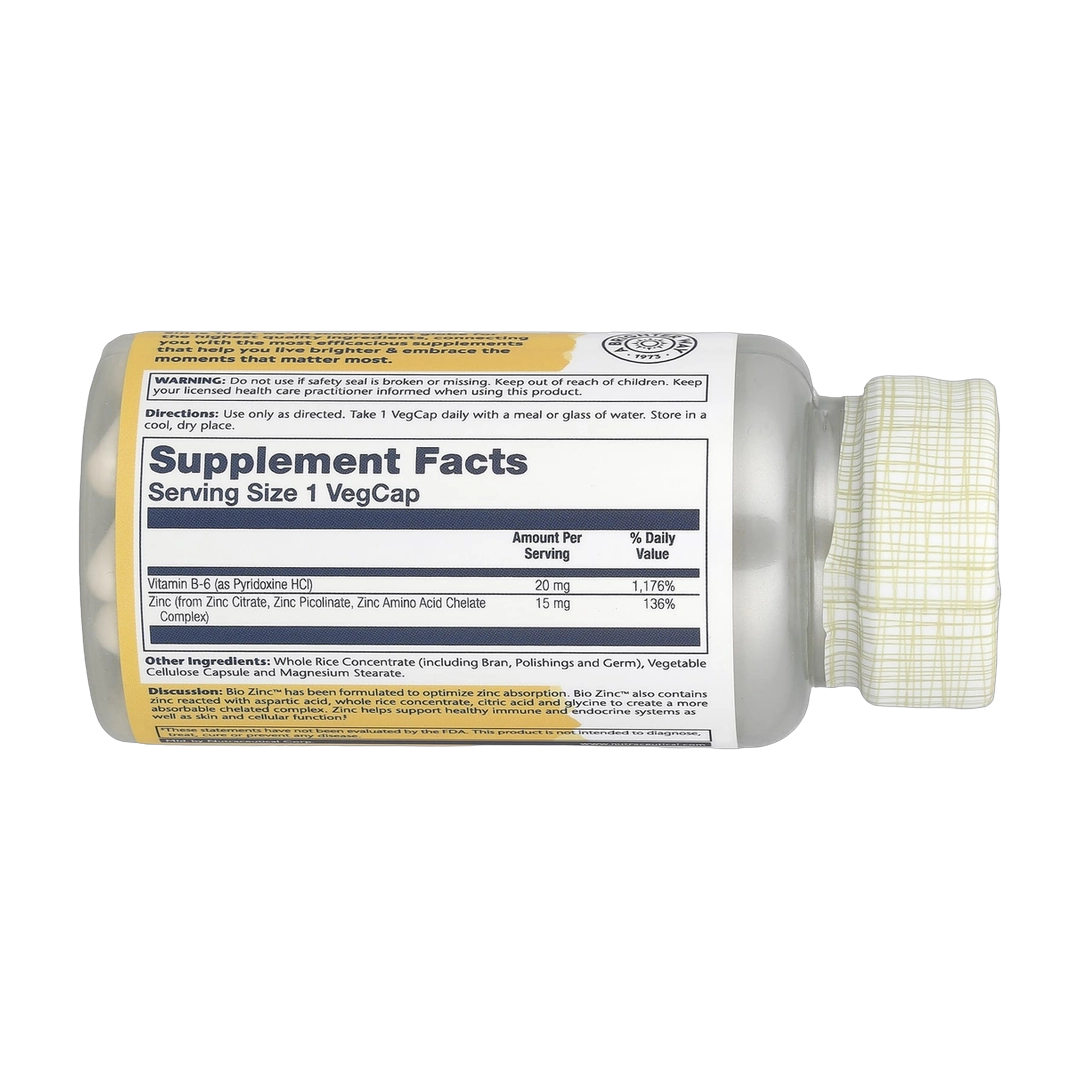 Solaray, Bio Zinc, 15 mg, 100 VegCaps back packaging view