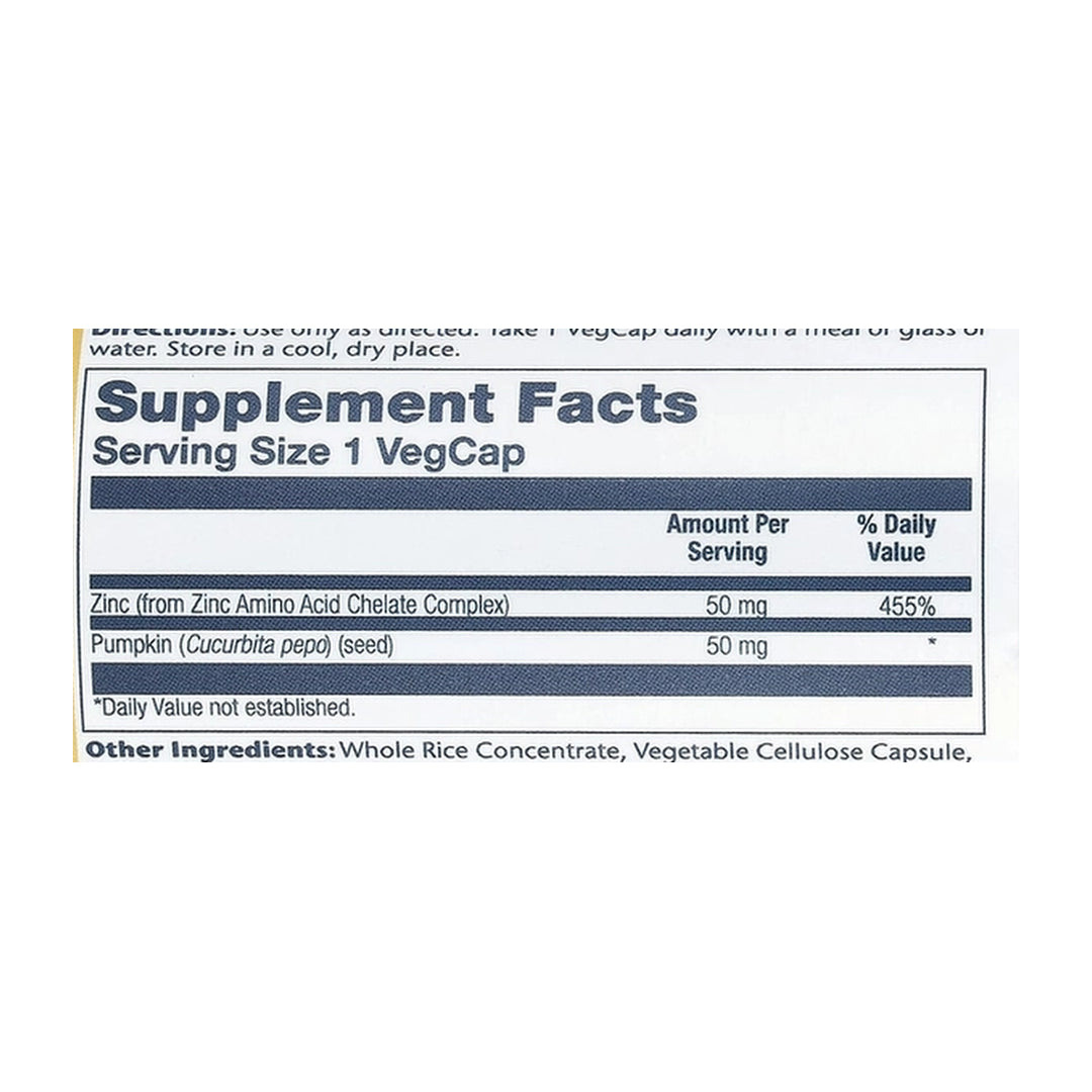 Solaray, Zinc, 50 mg, 100 VegCaps supplement facts label showing ingredients, vitamins, minerals, and serving information