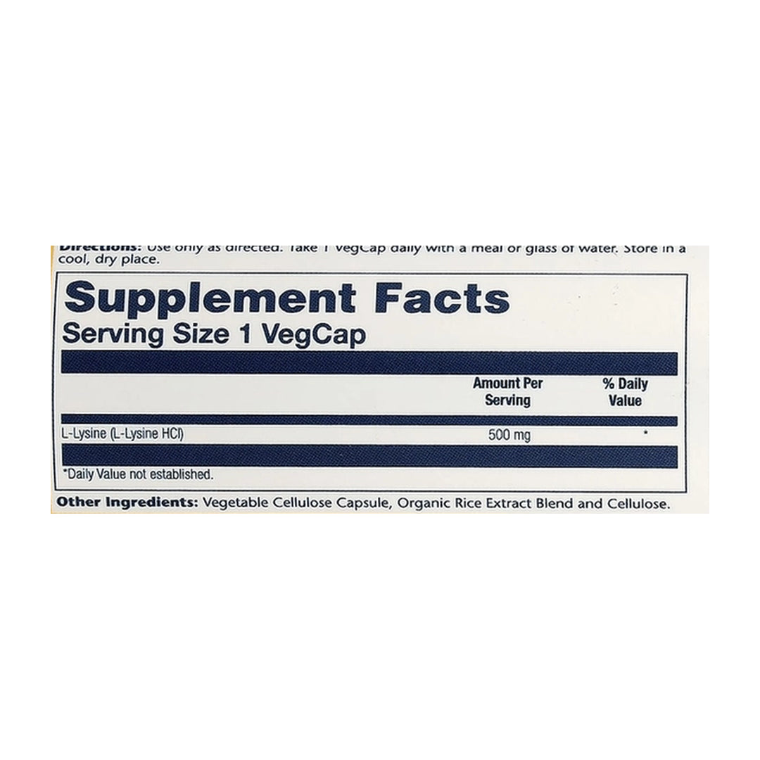 Solaray, L-Lysine, 500 mg, 60 VegCaps supplement facts label showing ingredients, vitamins, minerals, and serving information