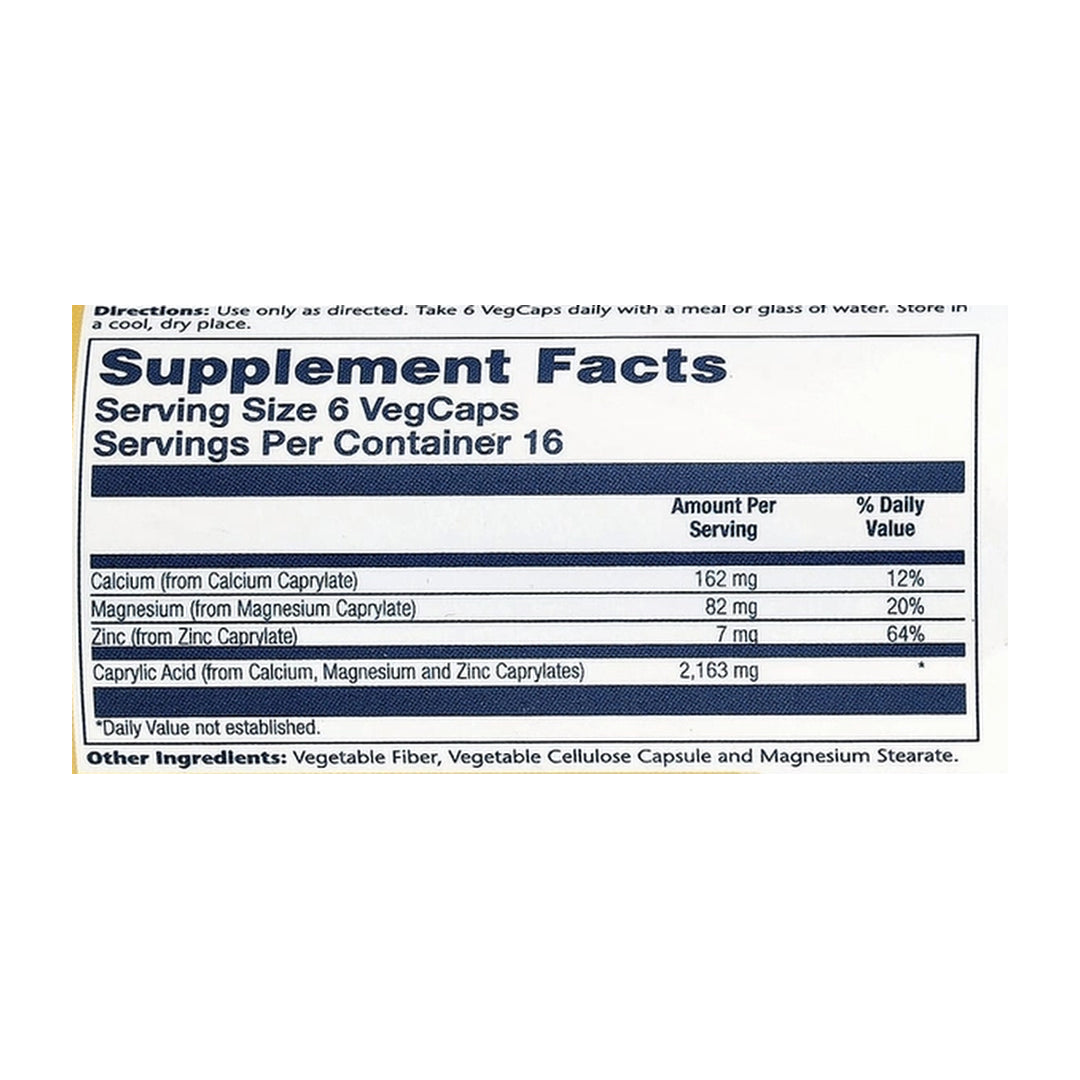 Solaray, Capryl™, 100 VegCaps supplement facts label showing ingredients, vitamins, minerals, and serving information