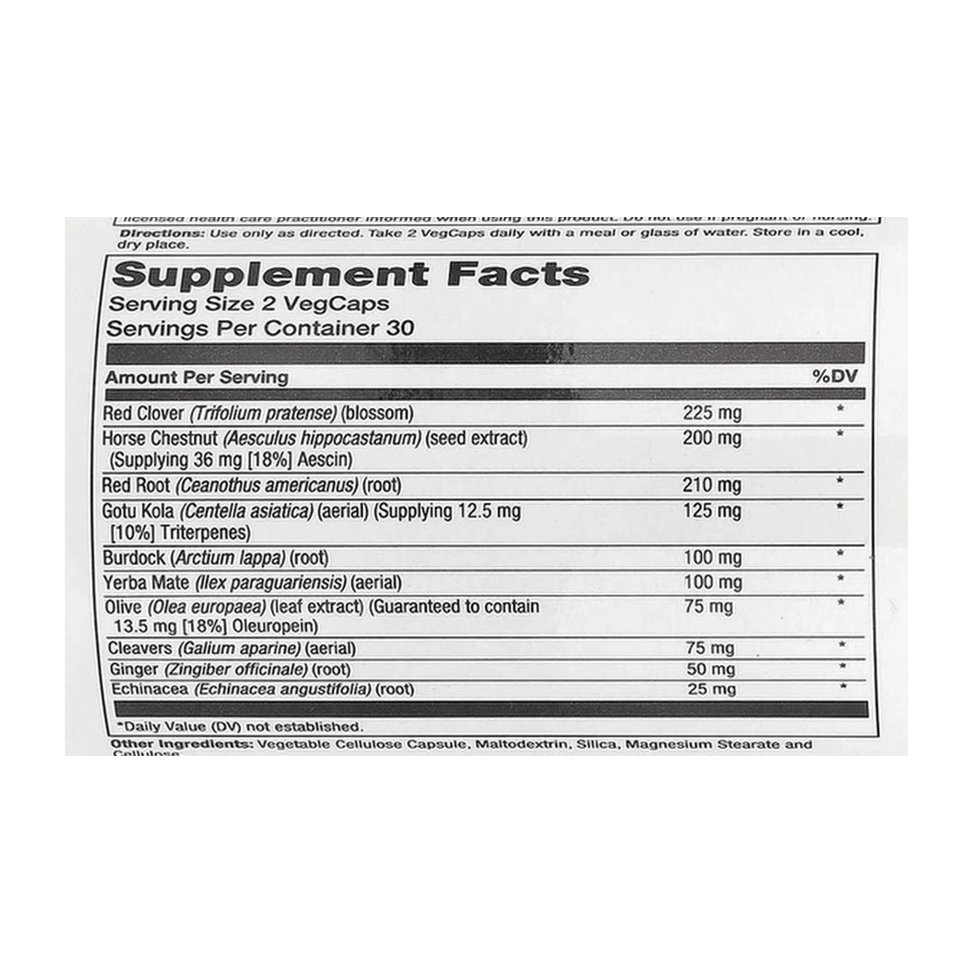 Solaray, Total Cleanse™, Lymph, 60 Vegetarian Capsules supplement facts label showing ingredients, vitamins, minerals, and serving information