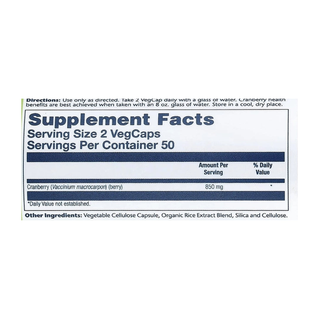 Solaray, True Herbs, Cranberry, 100 VegCaps (425 mg per Capsule) supplement facts label showing ingredients, vitamins, minerals, and serving information