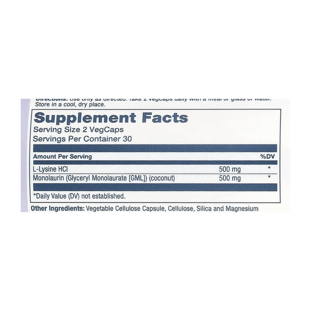Solaray, L-Lysine Monolaurin, 1:1 Ratio, 60 VegCaps supplement facts label showing ingredients, vitamins, minerals, and serving information