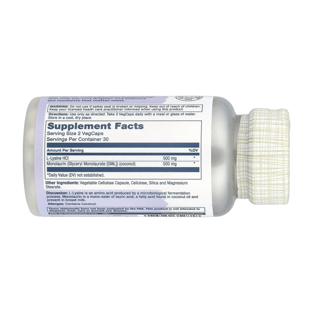 Solaray, L-Lysine Monolaurin, 1:1 Ratio, 60 VegCaps back packaging view