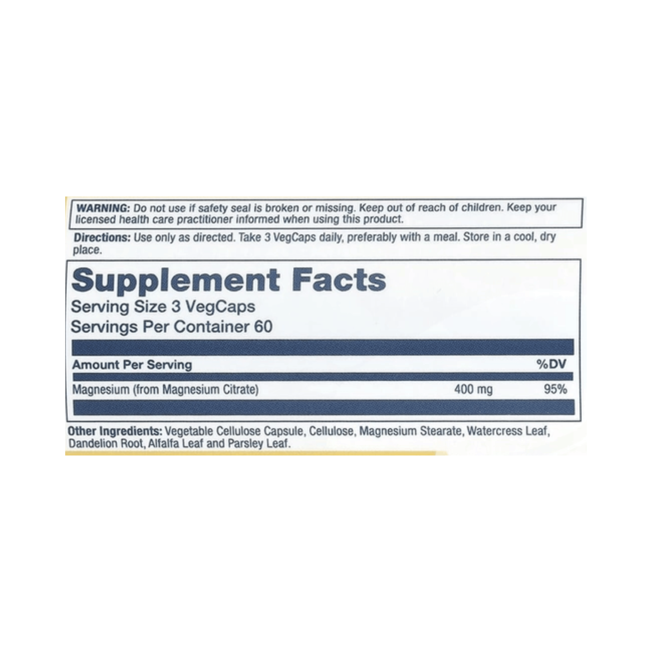 Solaray, Magnesium Citrate, 180 VegCaps (133 mg per Capsule) supplement facts label showing ingredients, vitamins, minerals, and serving information