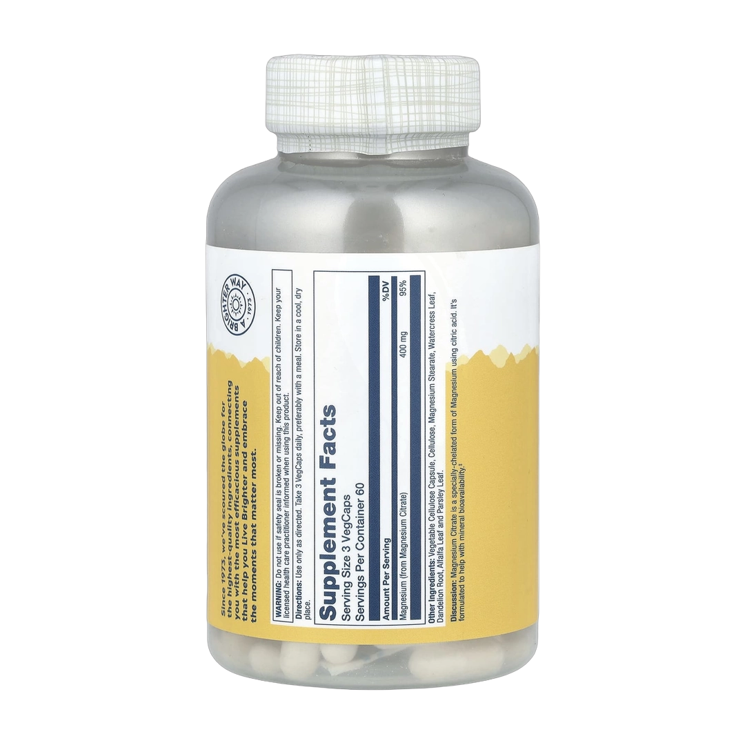 Solaray, Magnesium Citrate, 180 VegCaps (133 mg per Capsule) back packaging view