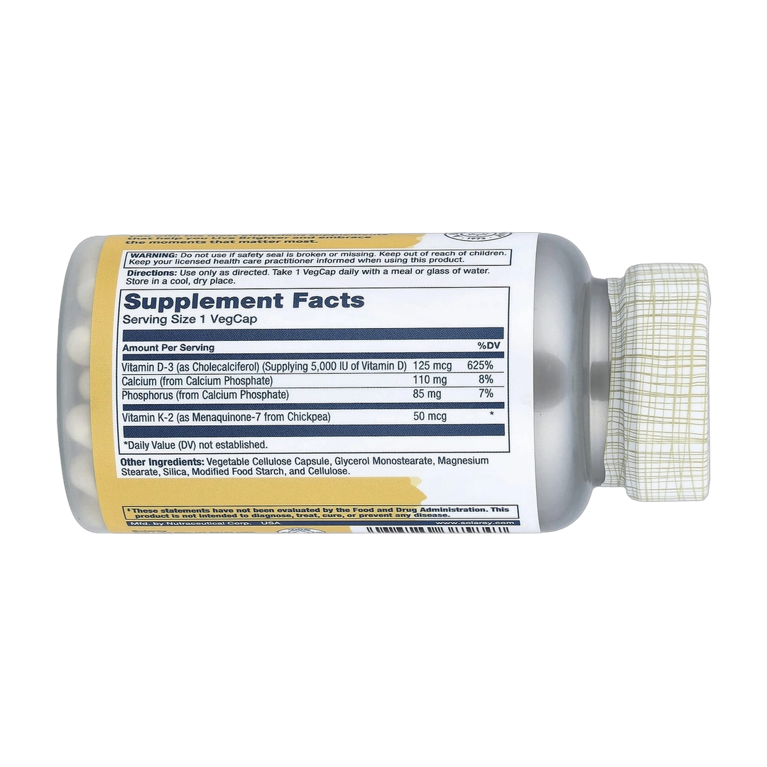 Solaray, Vitamin D3 + K2, 60 VegCaps back packaging view