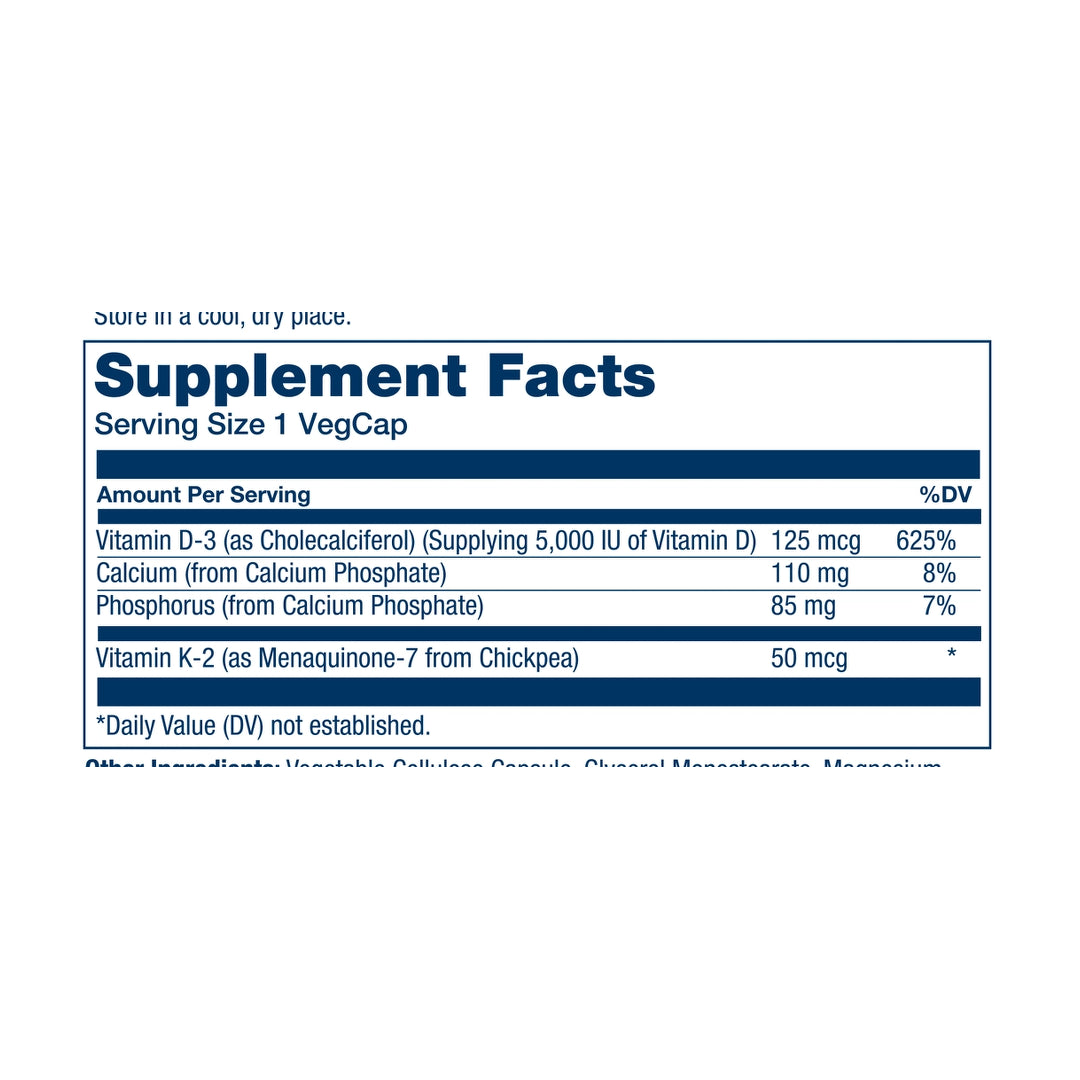 Solaray, Vitamin D3 + K2, 60 VegCaps supplement facts label showing ingredients, vitamins, minerals, and serving information