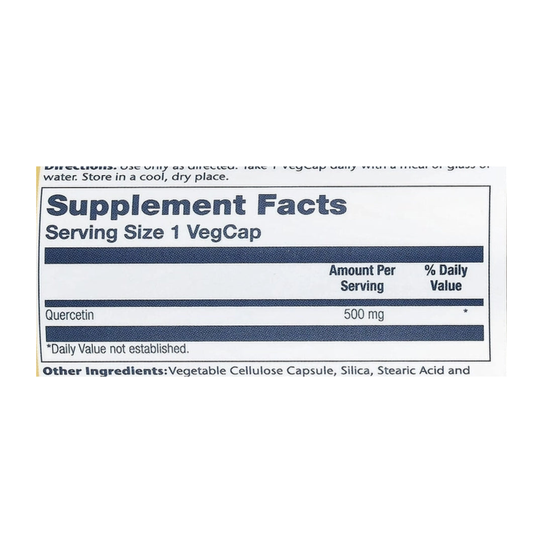 Solaray, Quercetin, 500 mg, 90 VegCaps supplement facts label showing ingredients, vitamins, minerals, and serving information